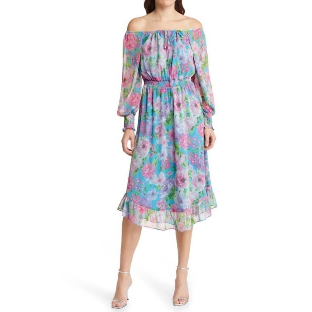 Charles Henry Floral Long Sleeve Smocked Midi Dress Orchid Watercolor